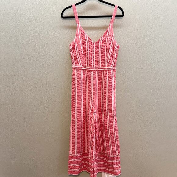 Anthropologie ett:twa Red + Craem Stripe Robin Cropped Wide Leg V Neck Jumpsuit - Picture 2 of 11